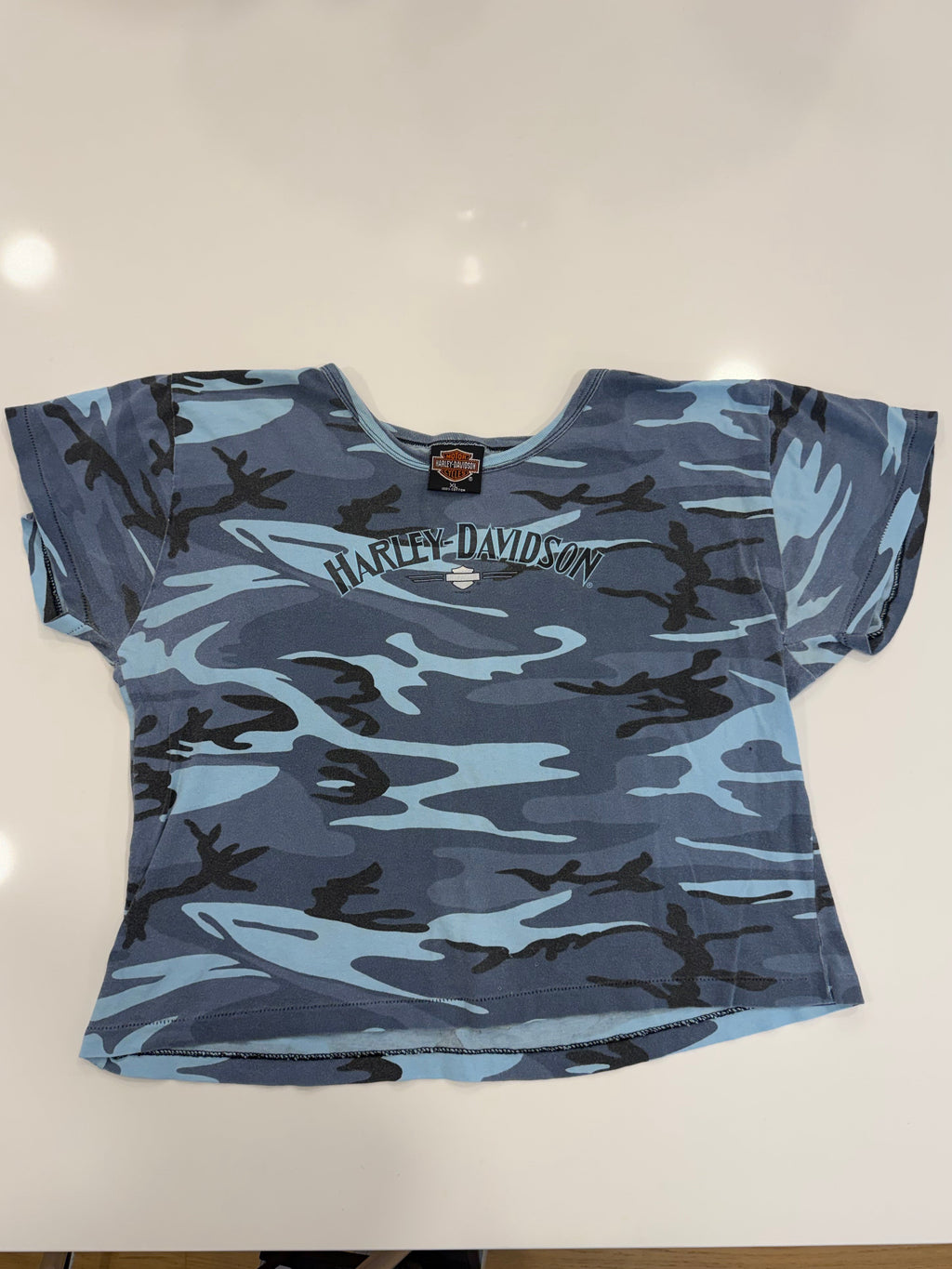 Blue and black camo baby tee